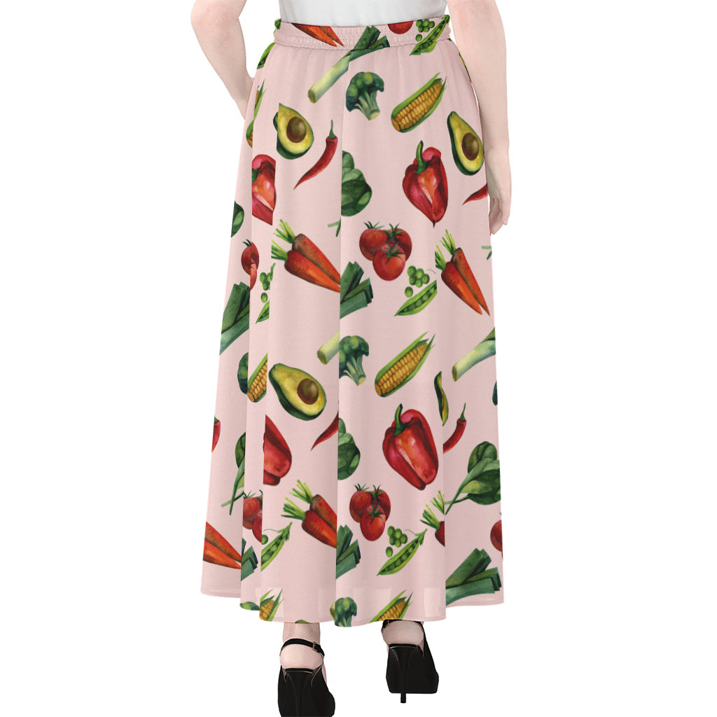 Watercolor Vegan Pattern Print Chiffon Maxi Skirt