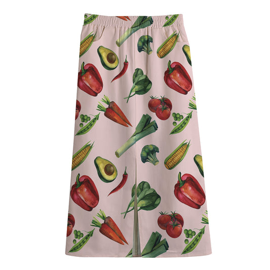 Watercolor Vegan Pattern Print Cotton Front Slit Maxi Skirt