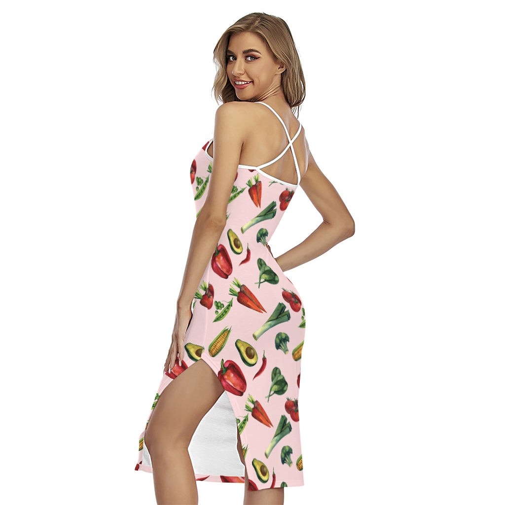 Watercolor Vegan Pattern Print Cross Back Cami Dress