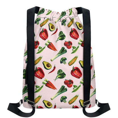 Watercolor Vegan Pattern Print Drawstring Backpack