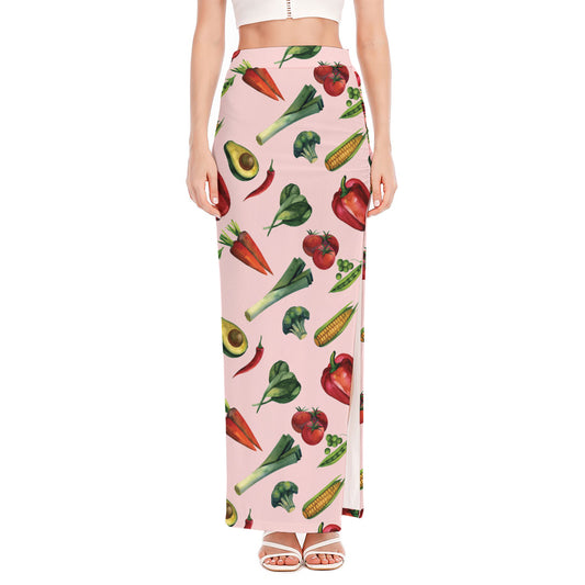 Watercolor Vegan Pattern Print High Slit Maxi Skirt