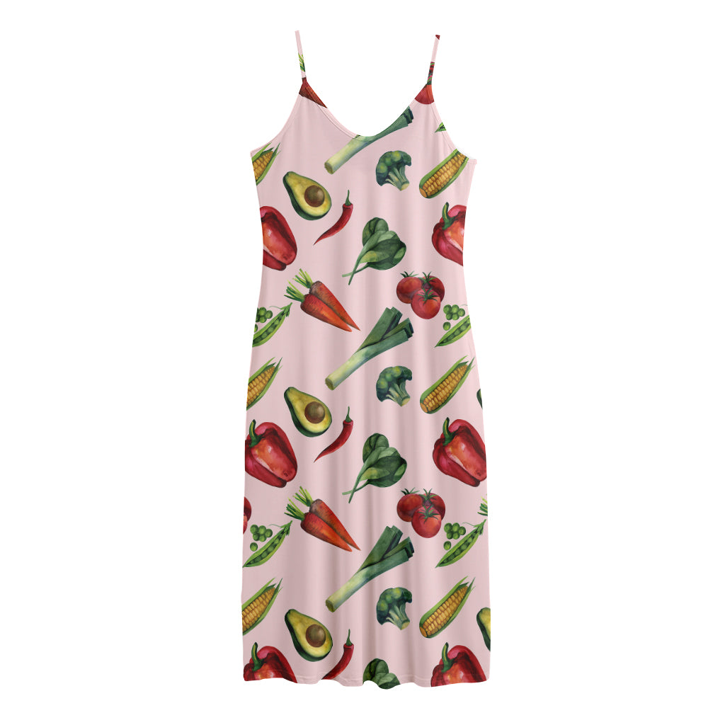 Watercolor Vegan Pattern Print Jersey Midi Cami Dress