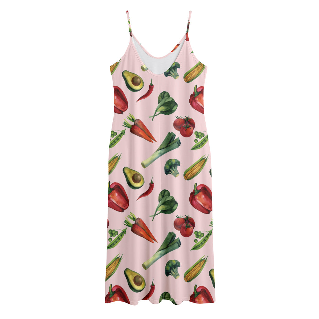 Watercolor Vegan Pattern Print Jersey Midi Cami Dress
