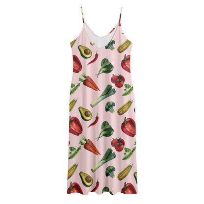 Watercolor Vegan Pattern Print Jersey Midi Cami Dress