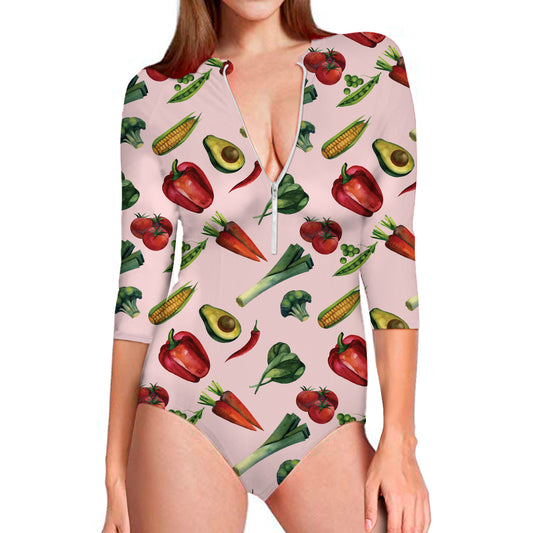 Watercolor Vegan Pattern Print Long Sleeve Swimsuit