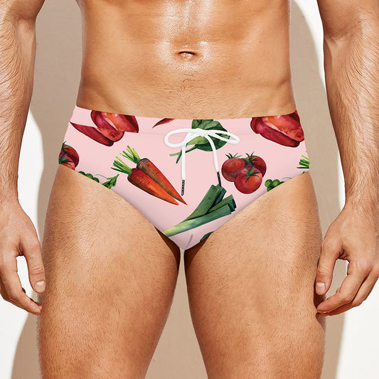 Watercolor Vegan Pattern Print Men's Swim Briefs