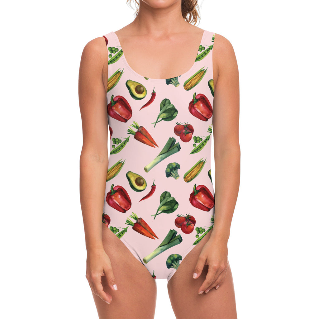 Watercolor Vegan Pattern Print One Piece Swimsuit