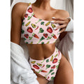 Watercolor Vegan Pattern Print One Shoulder Bikini Set