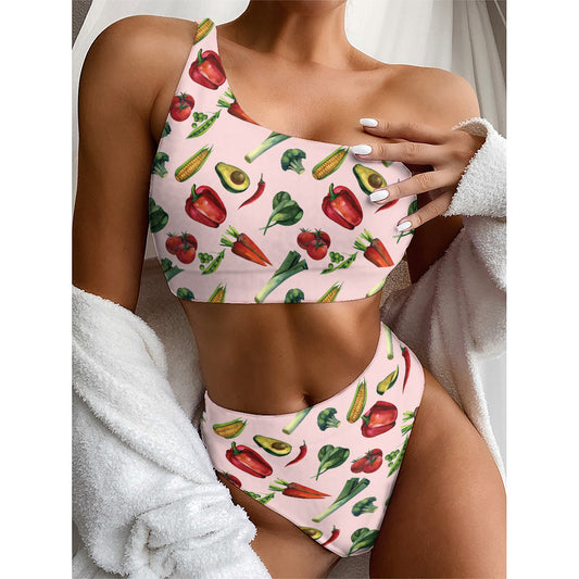 Watercolor Vegan Pattern Print One Shoulder Bikini Top