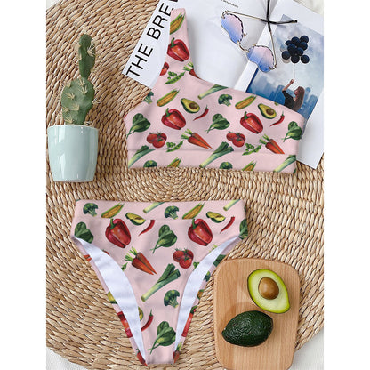 Watercolor Vegan Pattern Print One Shoulder Bikini Top