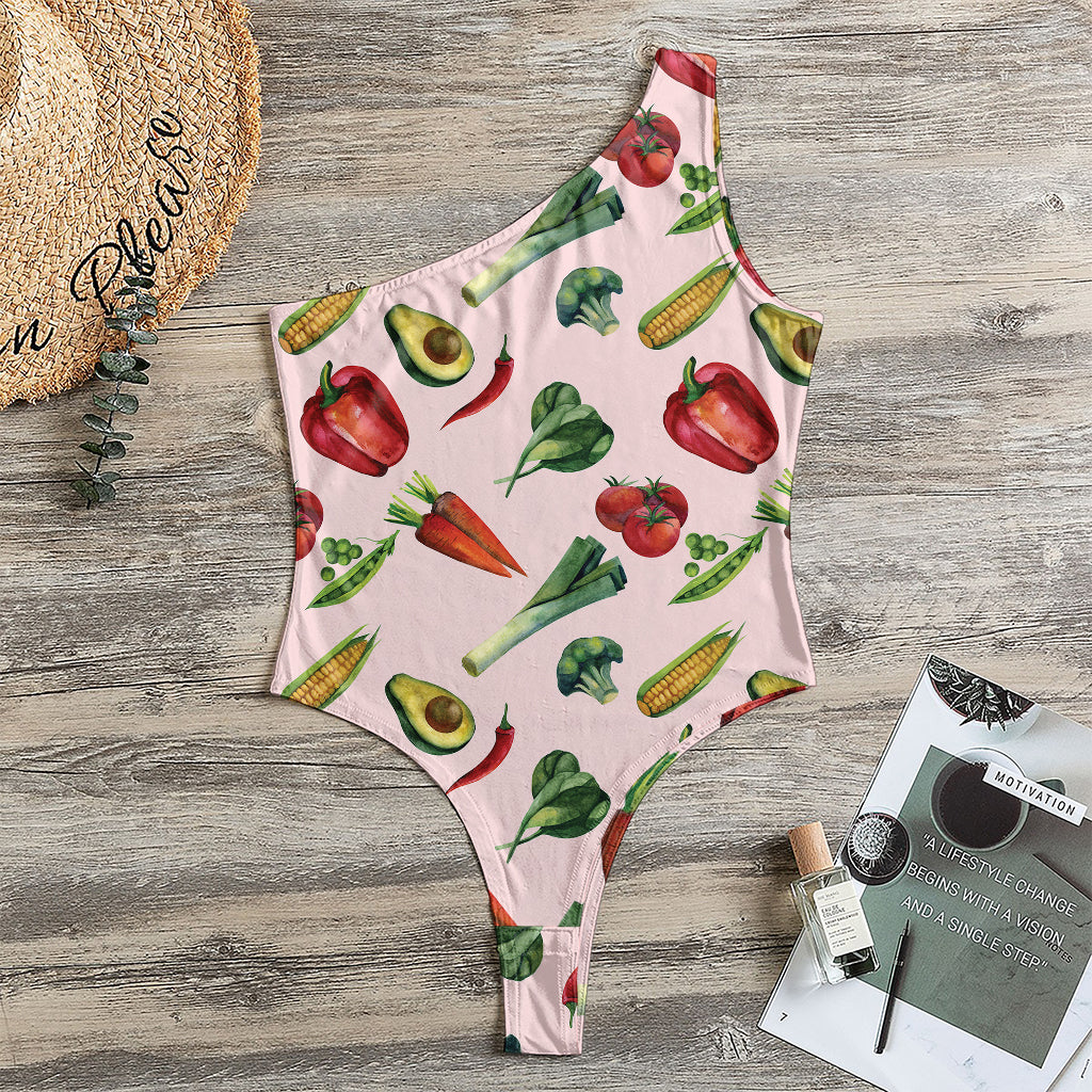 Watercolor Vegan Pattern Print One Shoulder Bodysuit