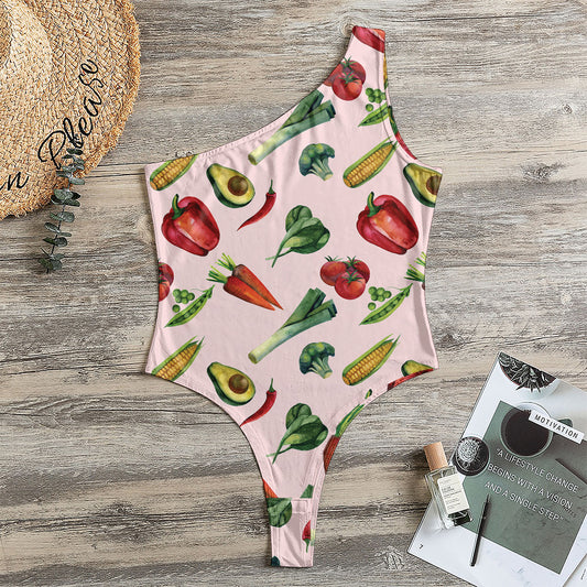 Watercolor Vegan Pattern Print One Shoulder Bodysuit