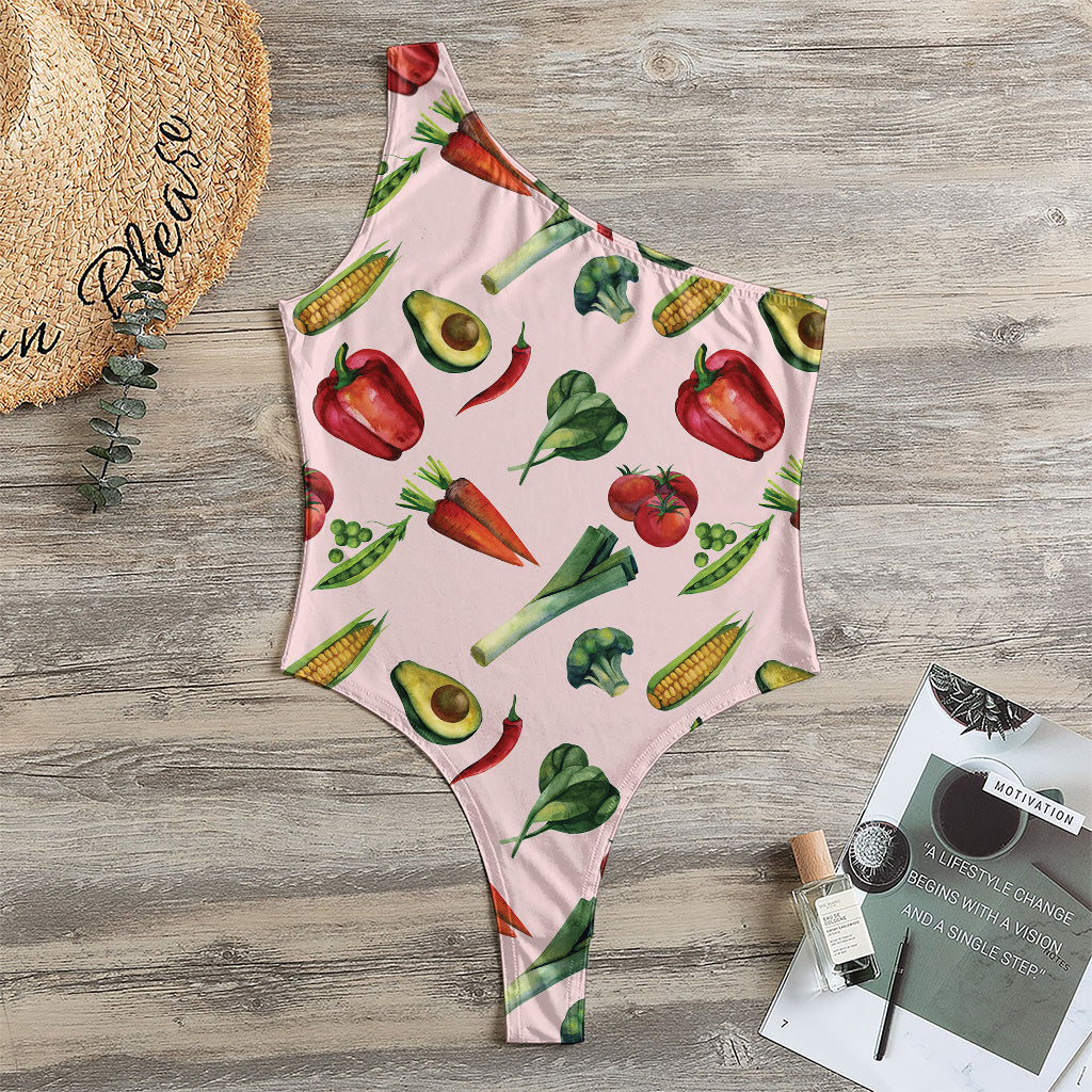 Watercolor Vegan Pattern Print One Shoulder Bodysuit