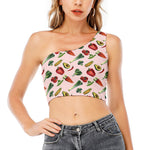 Watercolor Vegan Pattern Print One Shoulder Crop Top