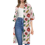 Watercolor Vegan Pattern Print Open Front Beach Cover Up