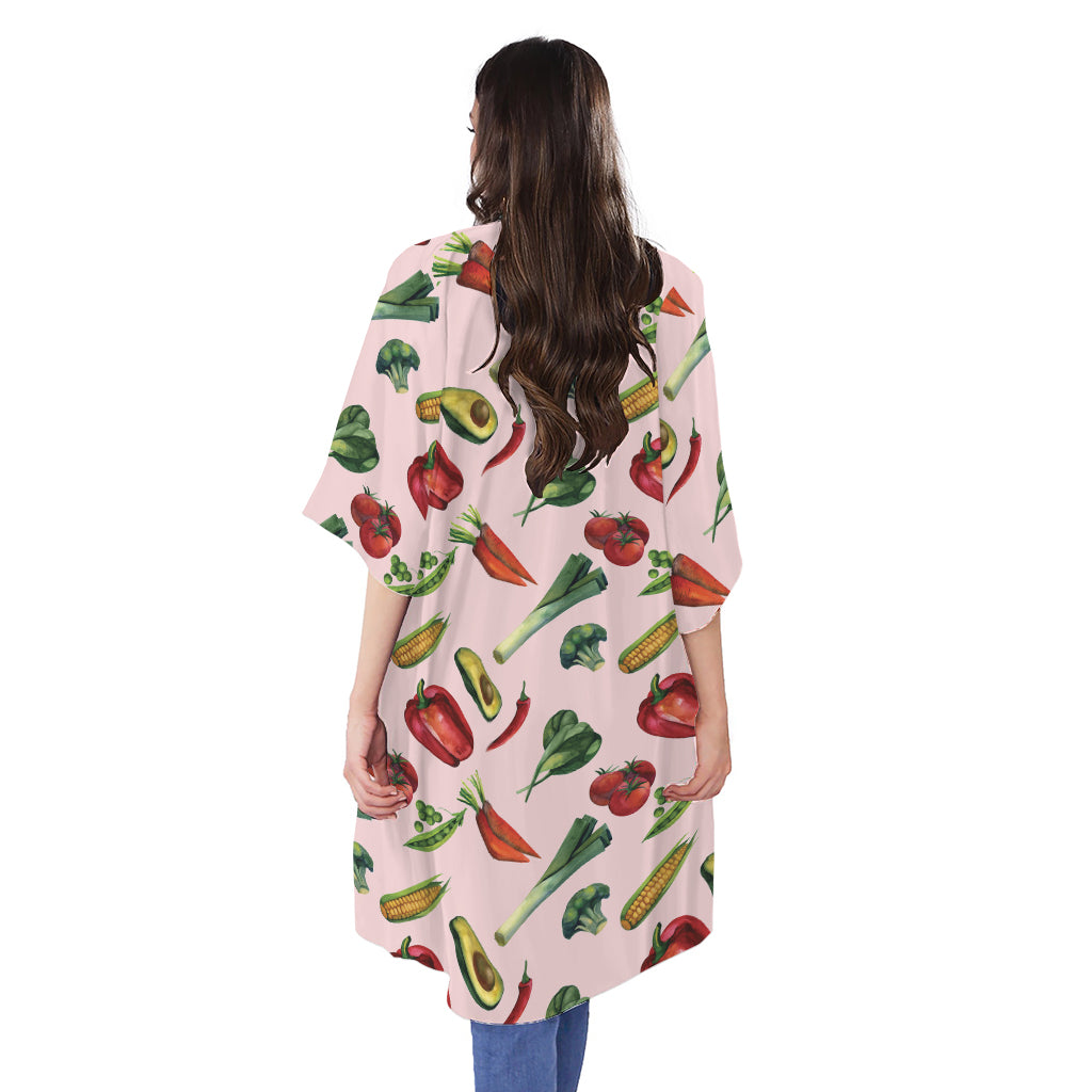 Watercolor Vegan Pattern Print Open Front Beach Cover Up