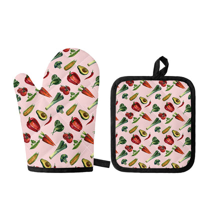 Watercolor Vegan Pattern Print Oven Mitt And Pot Holder Set