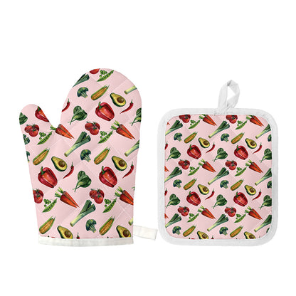 Watercolor Vegan Pattern Print Oven Mitt And Pot Holder Set