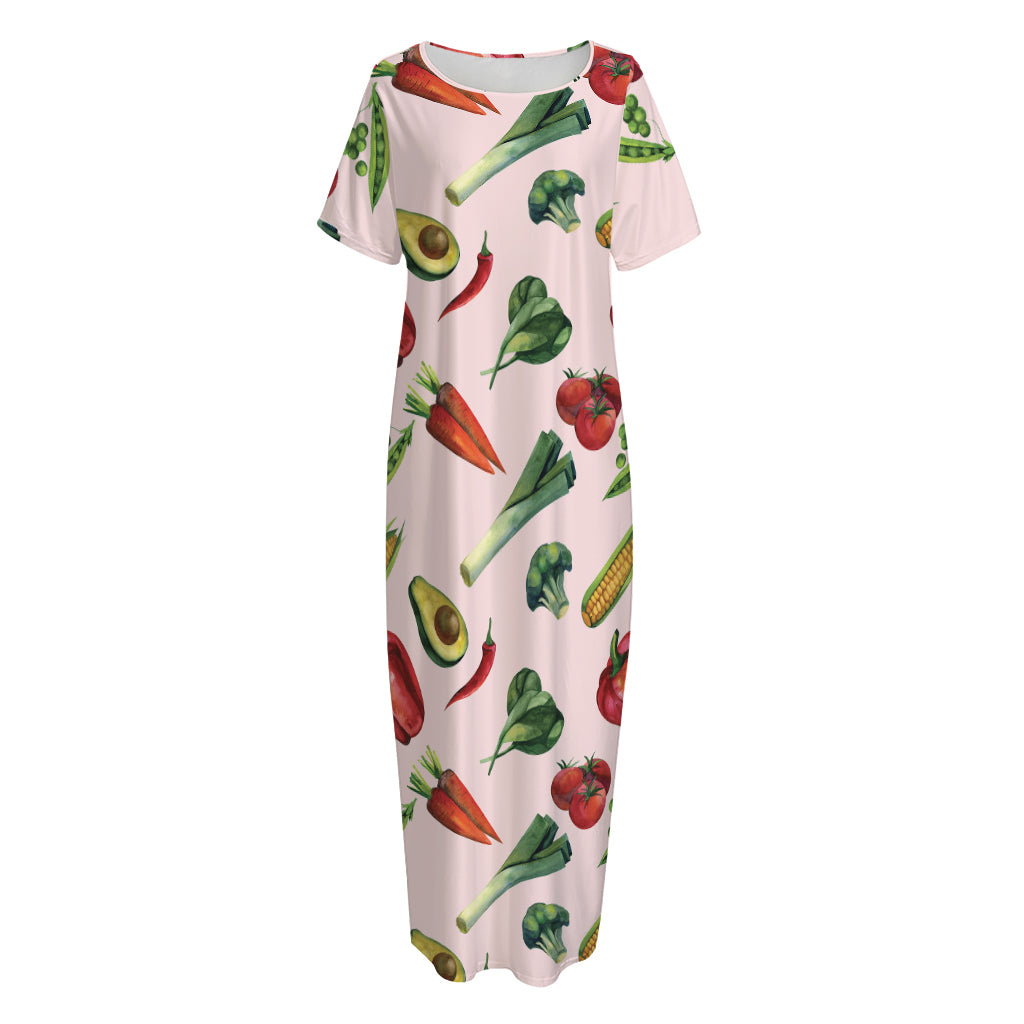 Watercolor Vegan Pattern Print Short Sleeve Long Nightdress