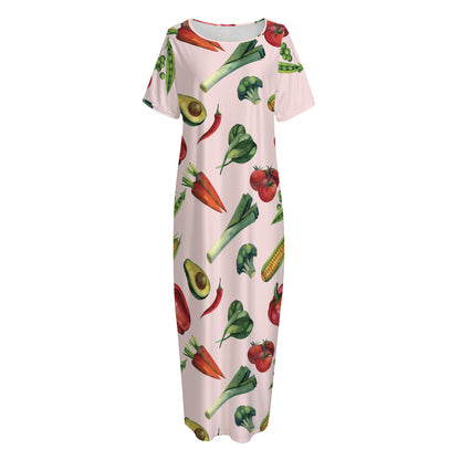 Watercolor Vegan Pattern Print Short Sleeve Long Nightdress