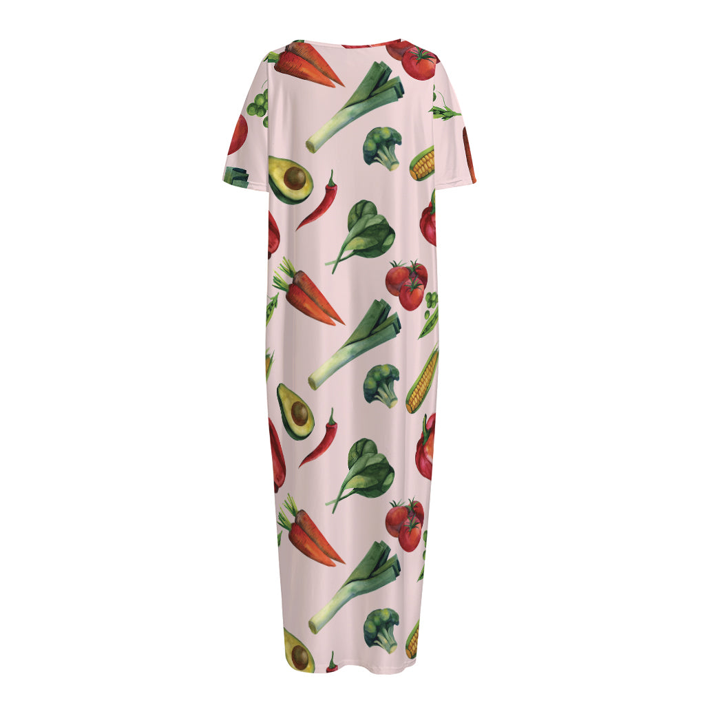 Watercolor Vegan Pattern Print Short Sleeve Long Nightdress