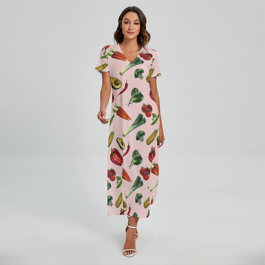 Watercolor Vegan Pattern Print Short Sleeve Maxi Dress