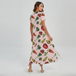 Watercolor Vegan Pattern Print Short Sleeve Maxi Dress
