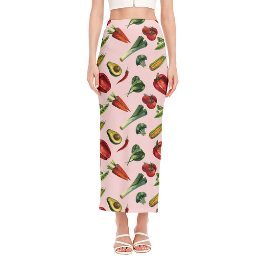 Watercolor Vegan Pattern Print Side Slit Maxi Skirt