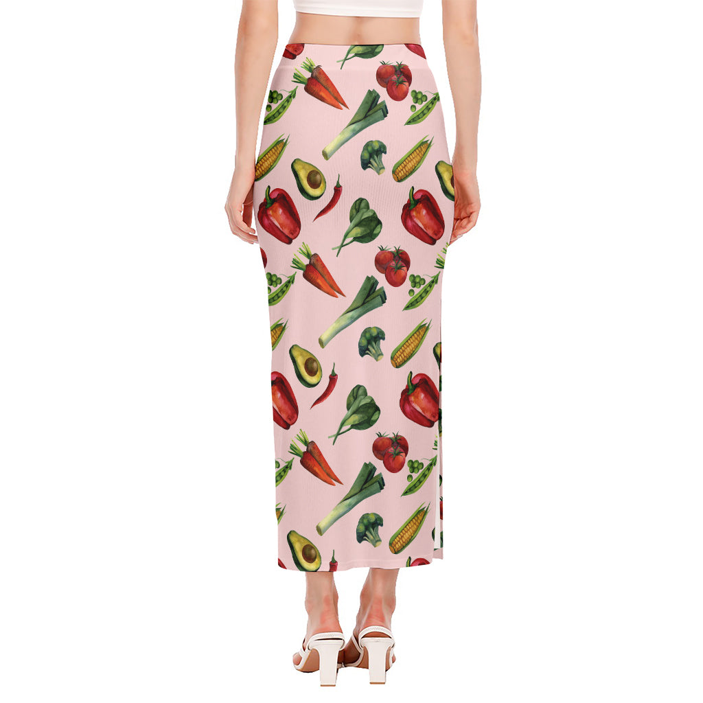 Watercolor Vegan Pattern Print Side Slit Maxi Skirt