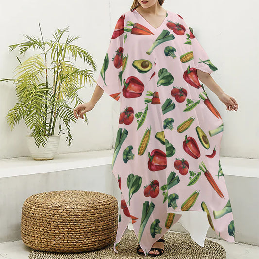 Watercolor Vegan Pattern Print Silk V-Neck Kaftan Dress