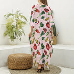 Watercolor Vegan Pattern Print Silk V-Neck Kaftan Dress