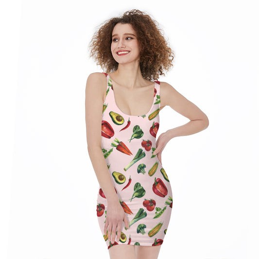 Watercolor Vegan Pattern Print Sleeveless Bodycon Dress