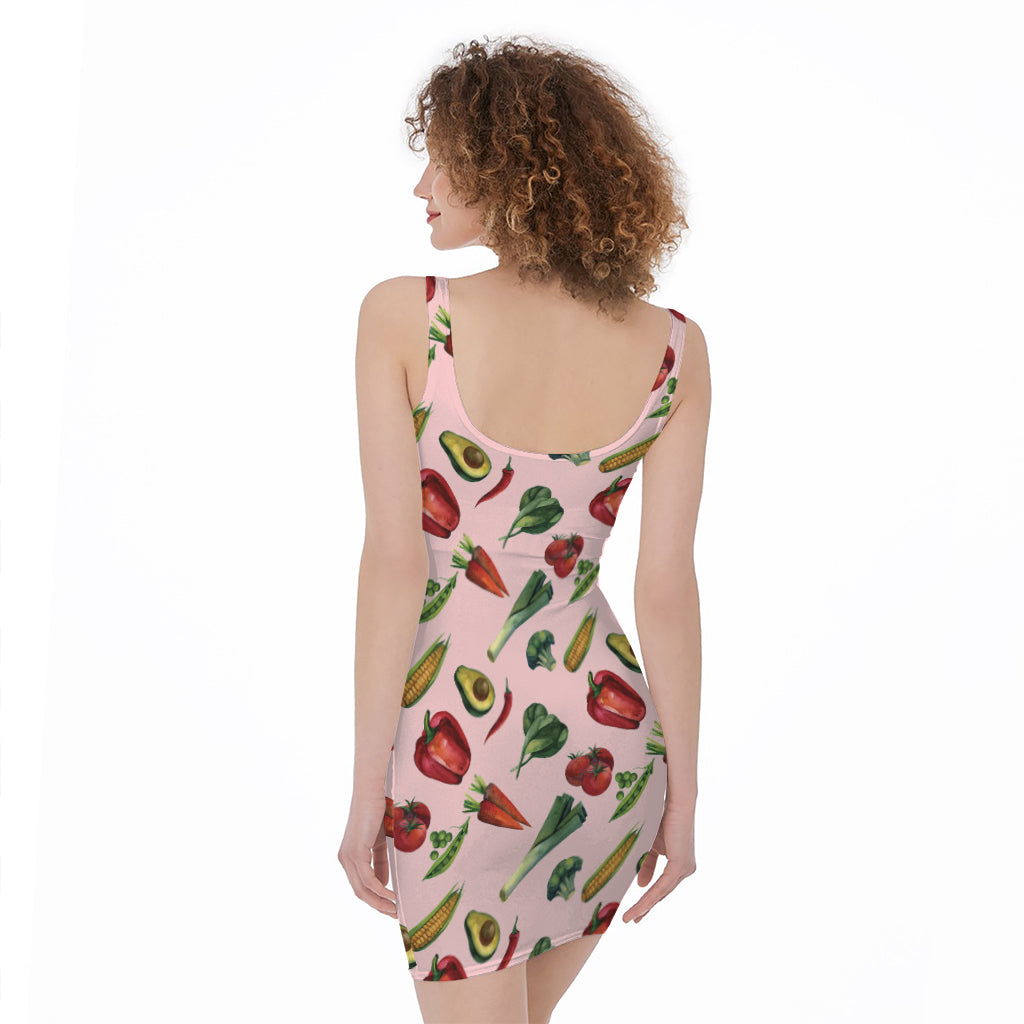 Watercolor Vegan Pattern Print Sleeveless Bodycon Dress
