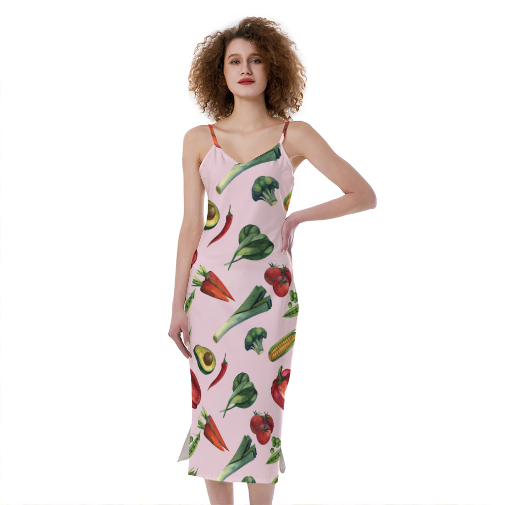 Watercolor Vegan Pattern Print Slim Fit Midi Cami Dress