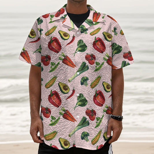Watercolor Vegan Pattern Print Textured Short Sleeve Shirt
