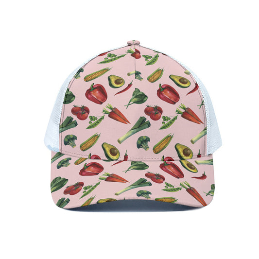 Watercolor Vegan Pattern Print White Mesh Trucker Cap