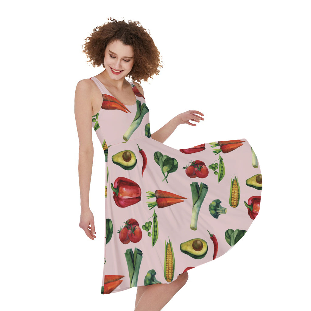 Watercolor Vegan Pattern Print Women's Sleeveless Dress