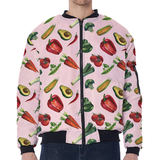 Watercolor Vegan Pattern Print Zip Sleeve Bomber Jacket