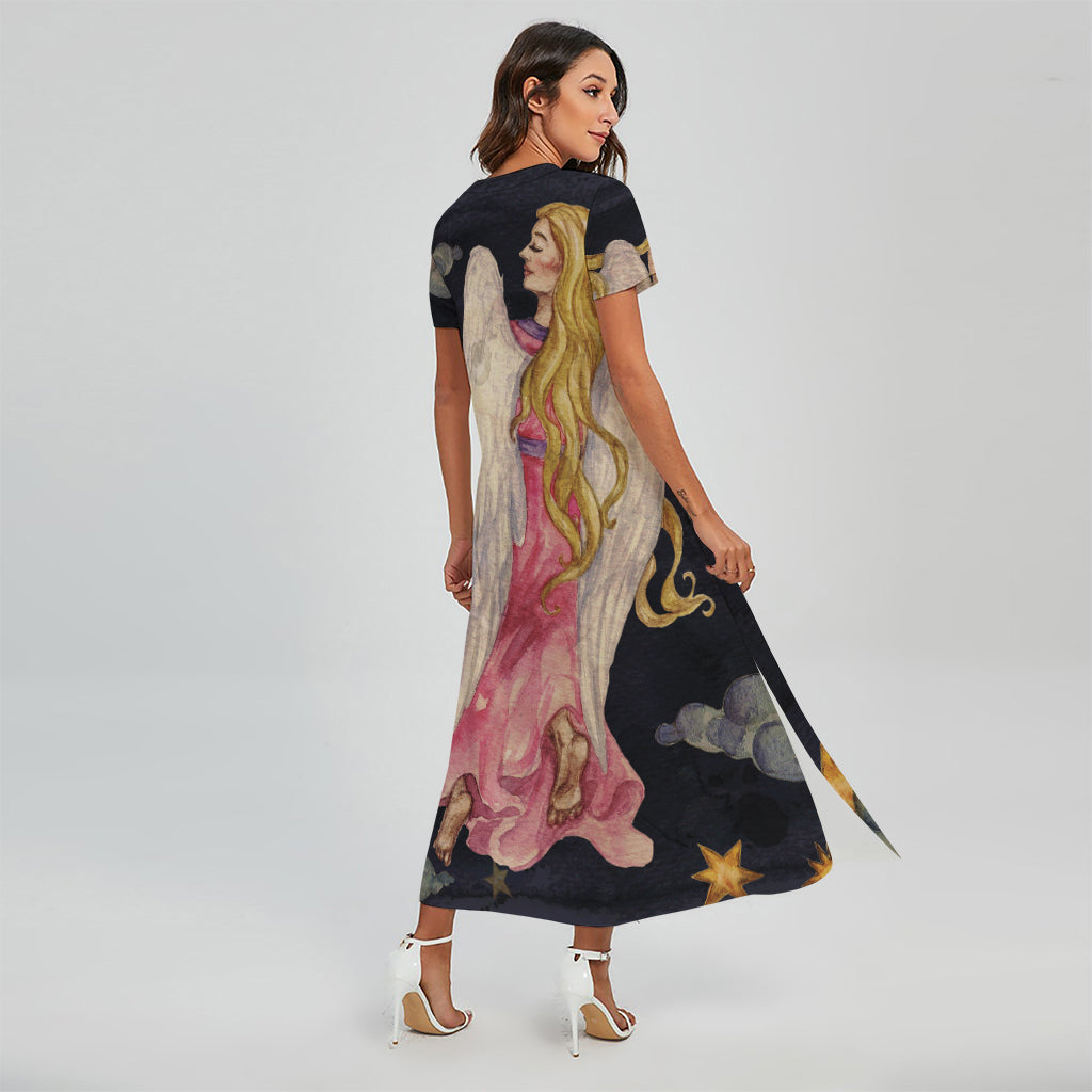 Watercolor Virgo Zodiac Sign Print Short Sleeve Maxi Dress