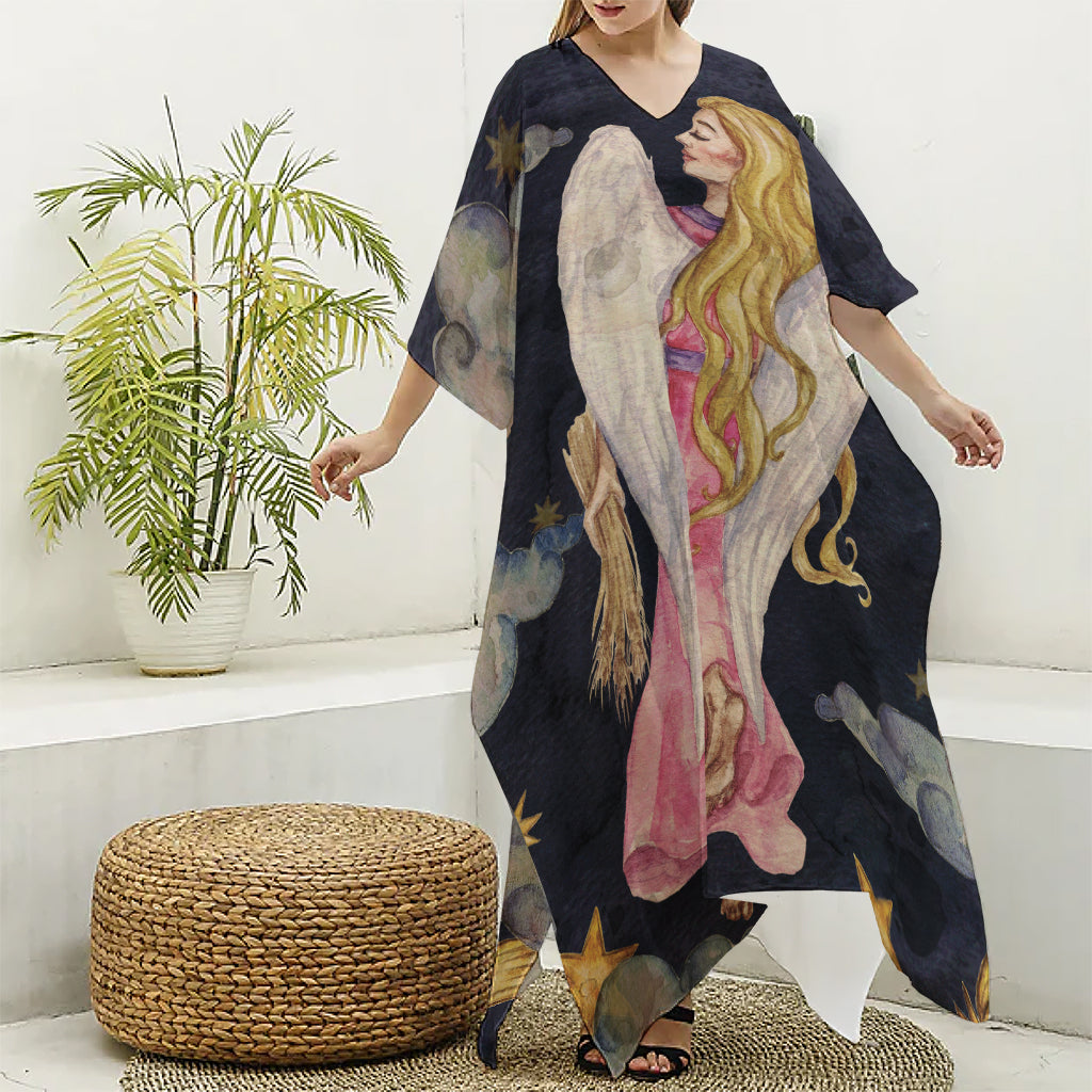 Watercolor Virgo Zodiac Sign Print Silk V-Neck Kaftan Dress