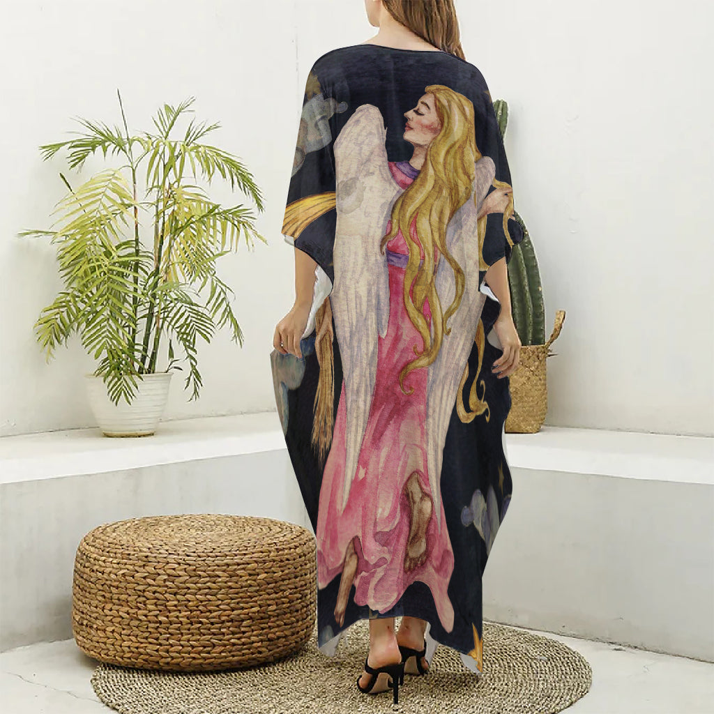 Watercolor Virgo Zodiac Sign Print Silk V-Neck Kaftan Dress