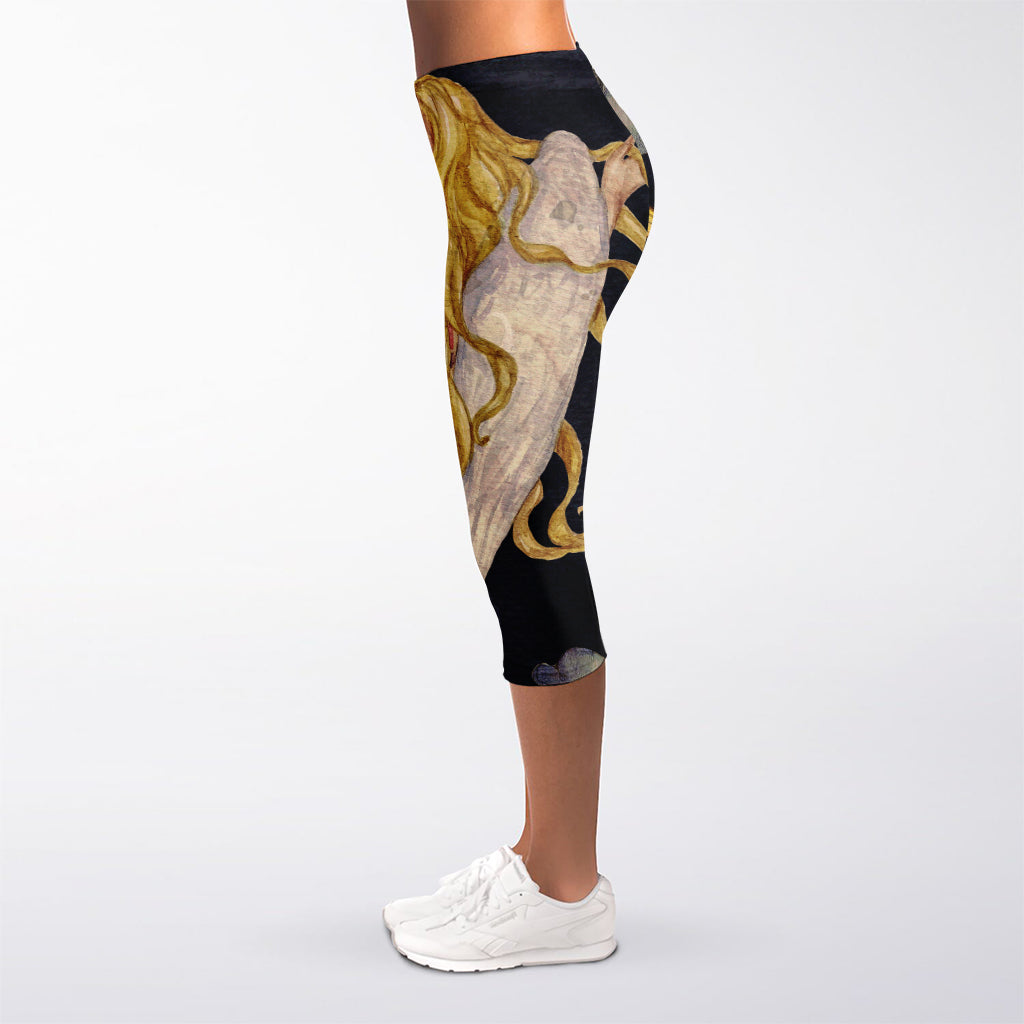 Watercolor Virgo Zodiac Sign Print Women's Capri Leggings