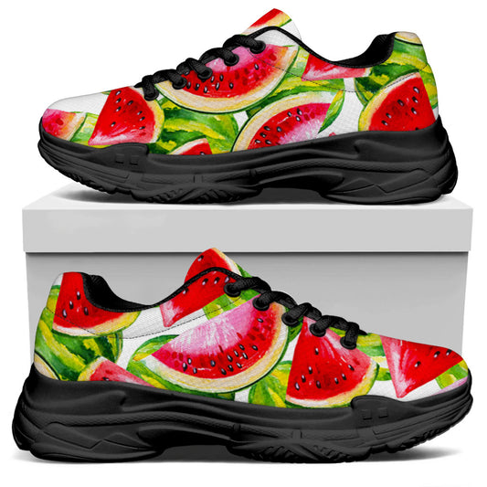 Watercolor Watermelon Pattern Print Black Chunky Shoes