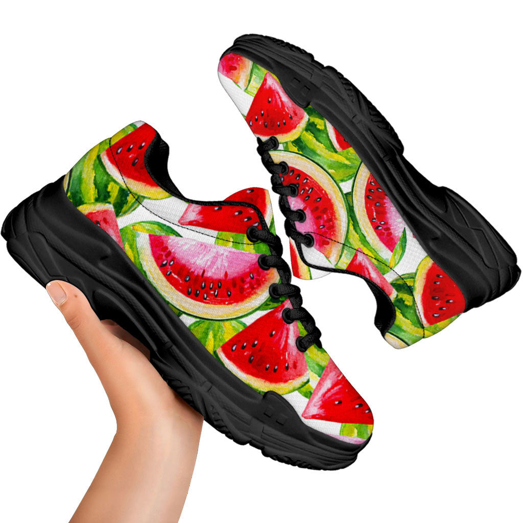 Watercolor Watermelon Pattern Print Black Chunky Shoes