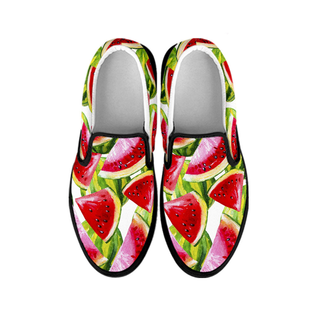 Watercolor Watermelon Pattern Print Black Slip On Sneakers