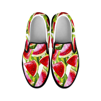 Watercolor Watermelon Pattern Print Black Slip On Sneakers
