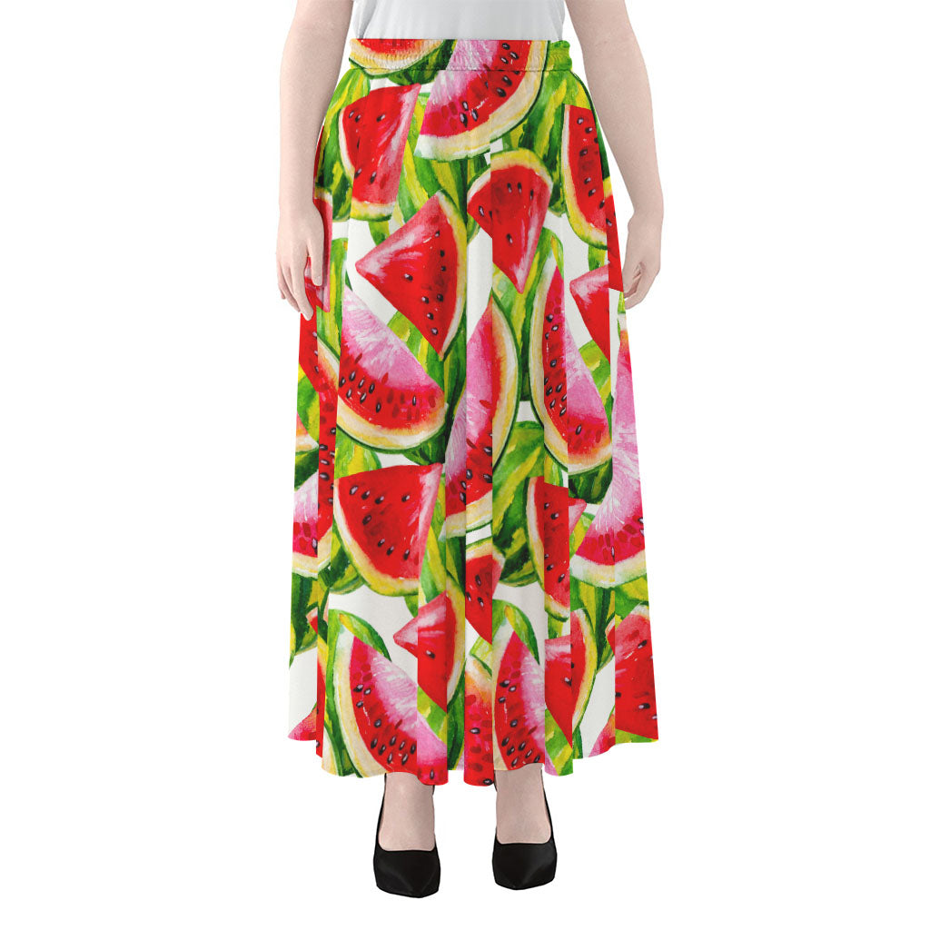 Watercolor Watermelon Pattern Print Chiffon Maxi Skirt