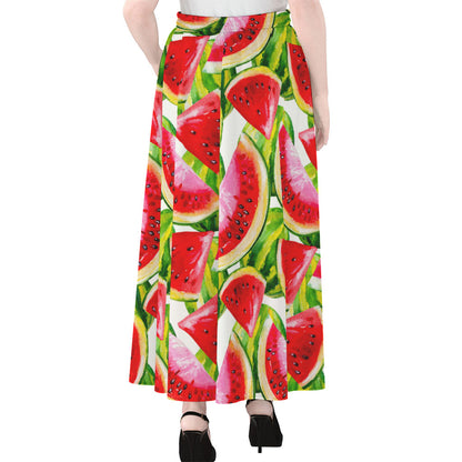 Watercolor Watermelon Pattern Print Chiffon Maxi Skirt
