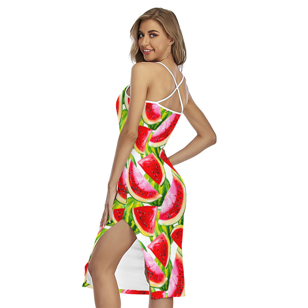 Watercolor Watermelon Pattern Print Cross Back Cami Dress