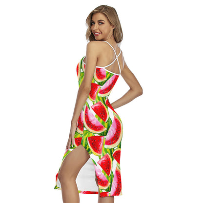 Watercolor Watermelon Pattern Print Cross Back Cami Dress